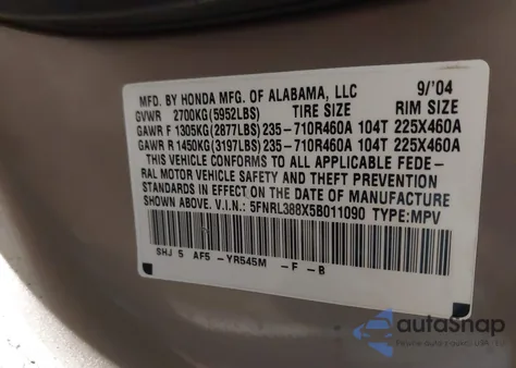 2005 Honda Odyssey Touring from USA, damaged, VIN 5FNRL388X5B011090